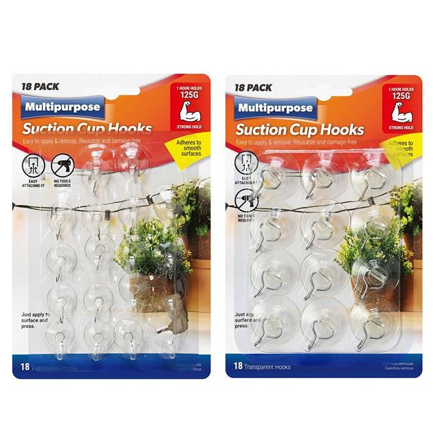 Multipurpose Suction Cup Hooks, Easy to Apply and Remove, Re Useable for Smooth Surfaces- Clear And Strong- Available in Two Sizes 12pk-3.5cm and 18pk- 2.5cm. Multipurpose Suction Cup Hooks, Easy to Apply and Remove, Re Useable for Smooth Surfaces- Clear And Strong- Available in Two Sizes 12pk-3.5cm and 18pk- 2.5cm.